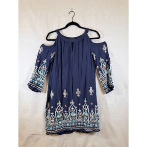 Chaya Navy Blue Cold Shoulder Embroidered Boho Shift Boho Dress Petite 10P